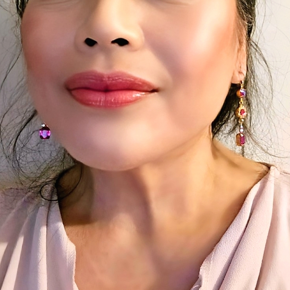 Victorian Fuchsia & Pink AB Swarovski & Flower Crystals In Long Ornate Earrings - Picture 7 of 8